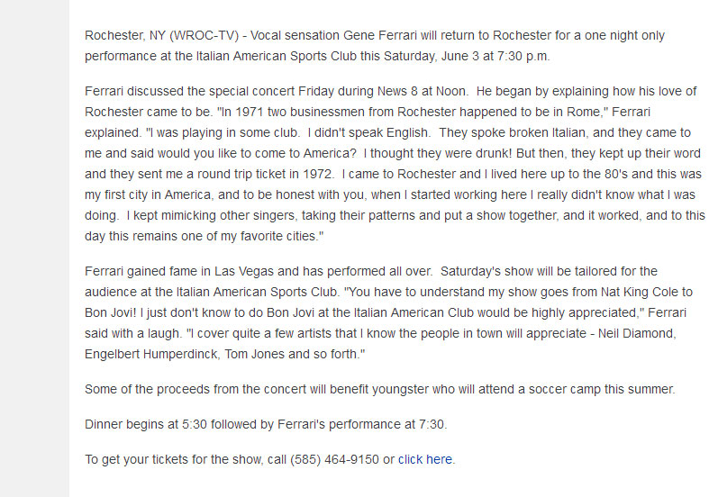 Rochester 1st Gene Ferrari Interview